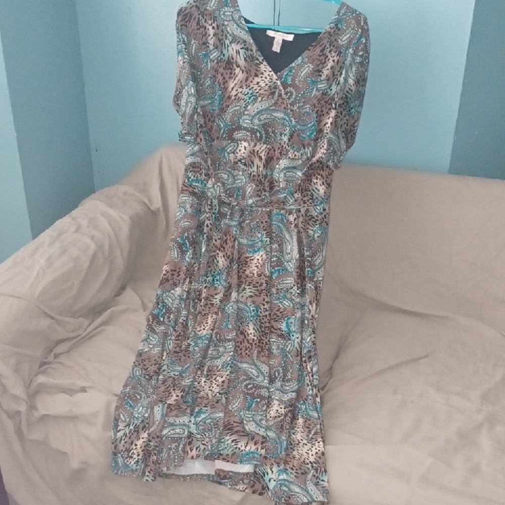 JM Collection Asymmetrical Dress with Turquoise and Beige Design